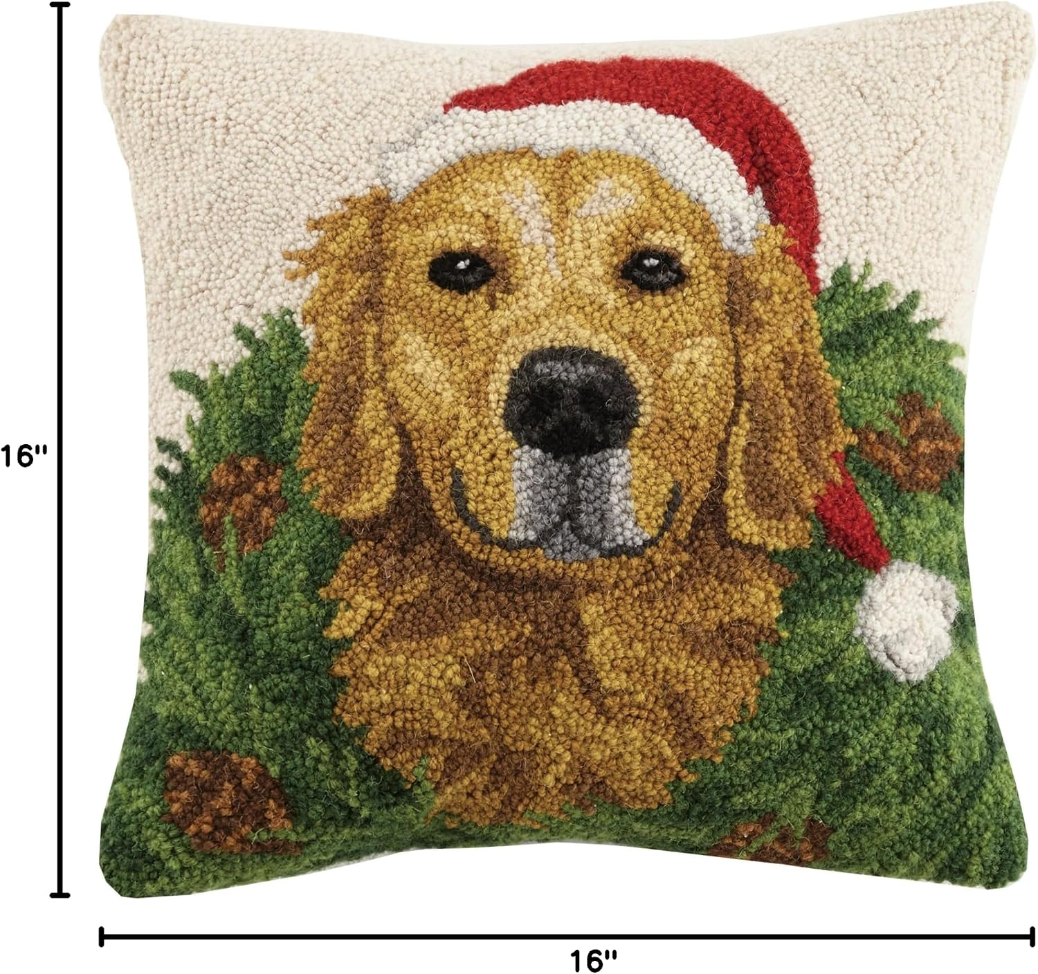 Peking Handicraft 31SJM8395C16SQ Christmas Dogs Hook in Wreath Golden Retriever Wool Throw Pillow, Multicolored