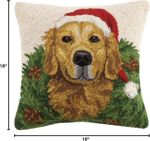 Peking Handicraft 31SJM8395C16SQ Christmas Dogs Hook in Wreath Golden Retriever Wool Throw Pillow, Multicolored