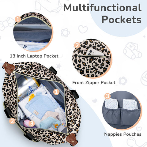 Tenot Diaper Bag Tote, Baby Bag with Pacifier Case Leopard Print