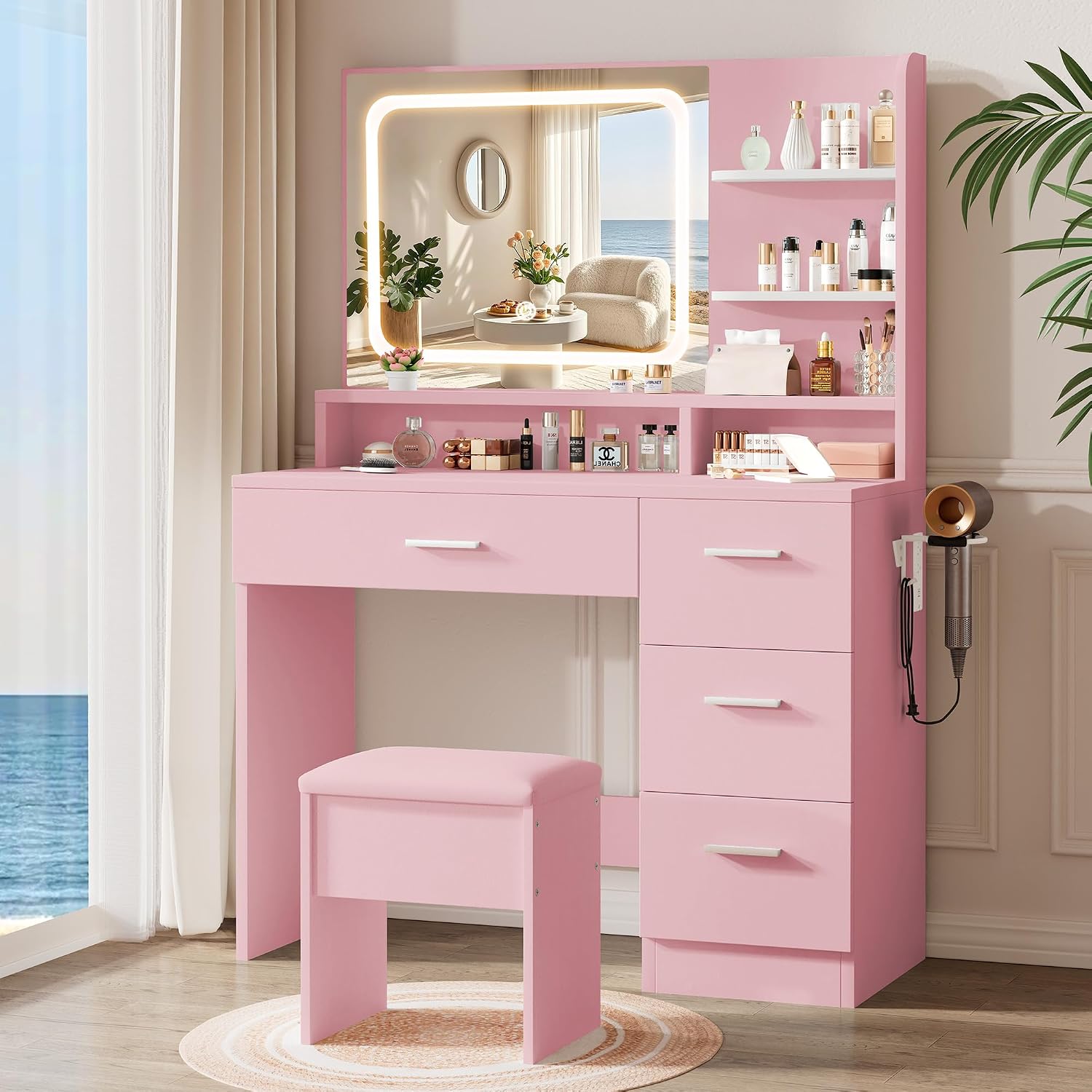 LIVELYGLOW Makeup Vanity Desk Set, 35.4" Wx15.7”Dx53.9“H, Pink (Smart LED Mirror, with Cushion Stool, Hairdryer Rack, Power-Outlet, 4 Drawers, Open Shelves)
