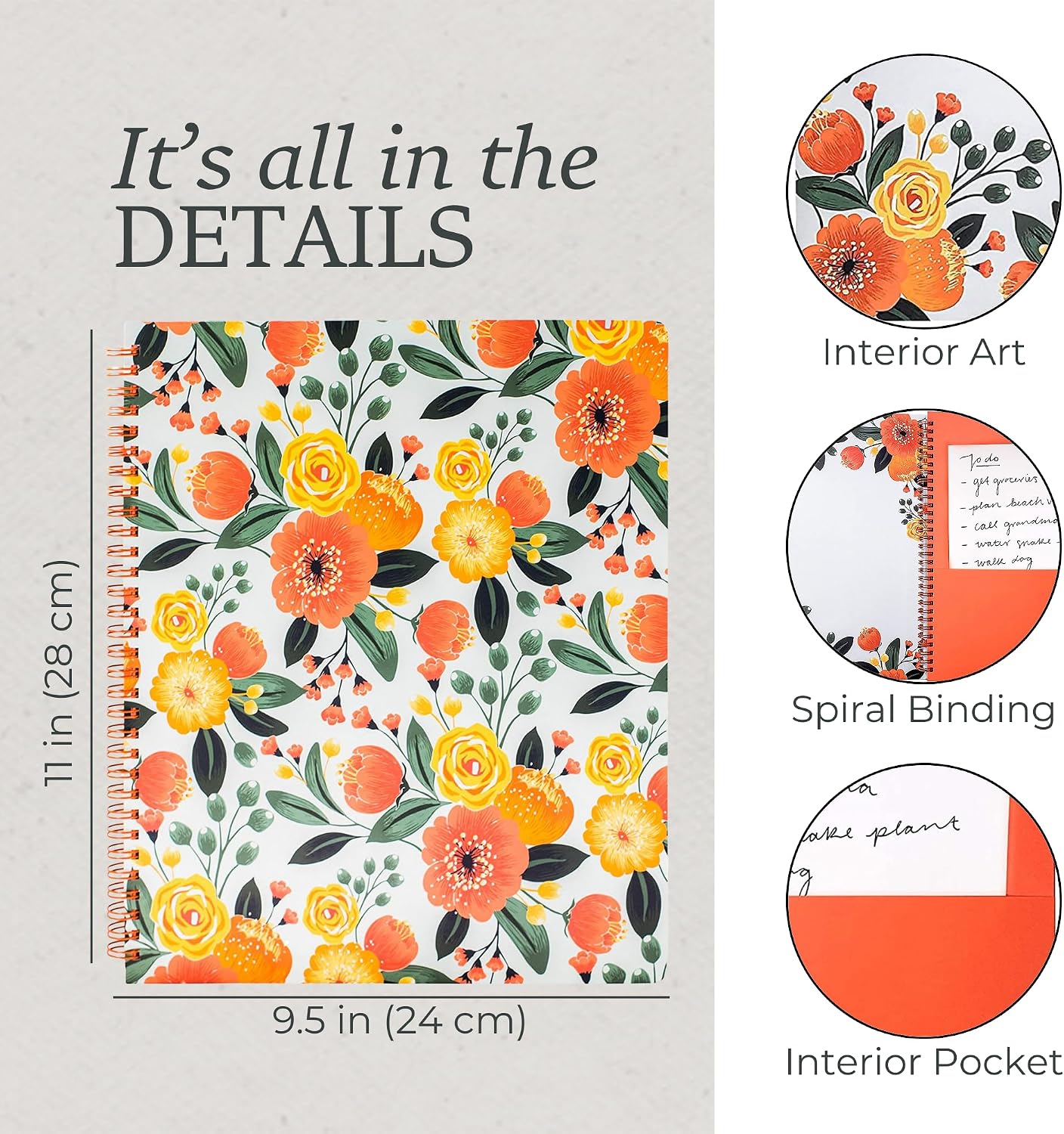 Steel Mill & Co. Cute Floral Large Spiral Notebook, Orange Flower