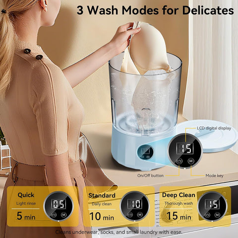 1.5L Underwear Washing Machine, Rechargeable Portable Mini Washer with 3 Cleaning Modes for Personal Laundry, Underwear, Socks, Small Clothes, Compact for Dorm, Apartment, Travel, Blue