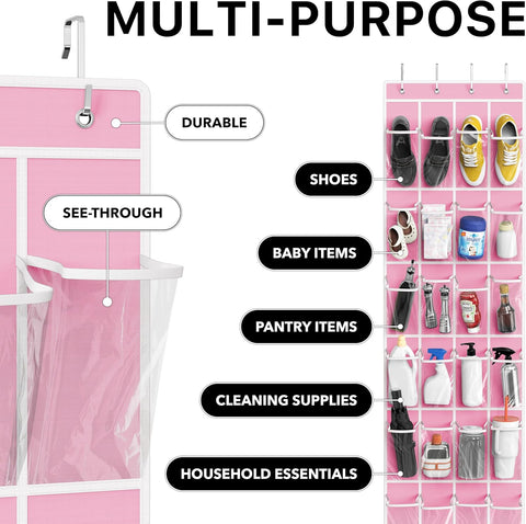 Simple Houseware 24 Pockets Clear Over the Door Shoe Organizer, Pink