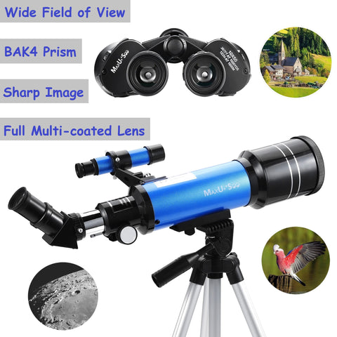 MaxUSee Travel Telescope with Backpack - 70mm Refractor Telescope & 10X50 HD Binoculars Bak4 Prism FMC Lens for Moon Viewing Bird Watching Sightseeing