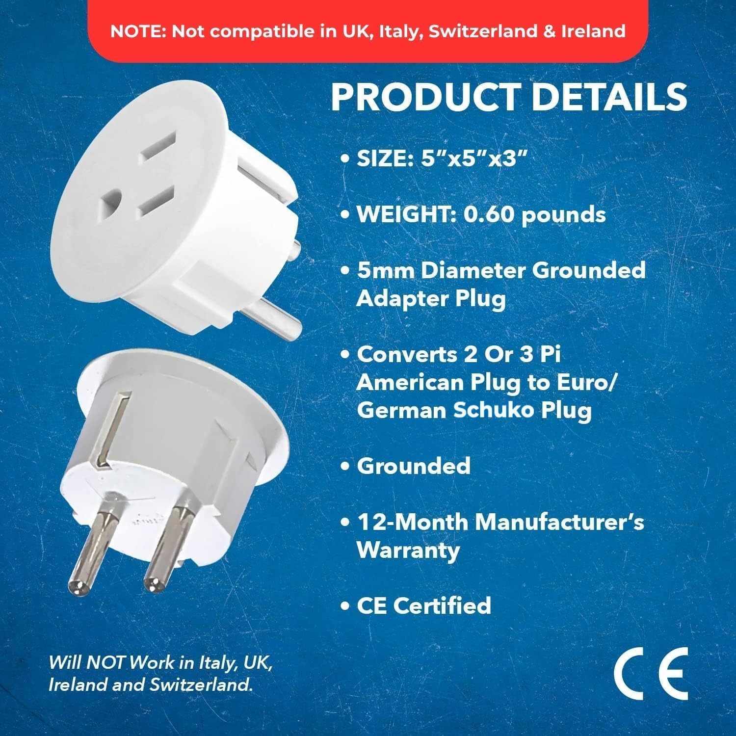 OREI USA to Europe Plug Adapter, Type E/F Schuko, Germany, France - 6 Pack