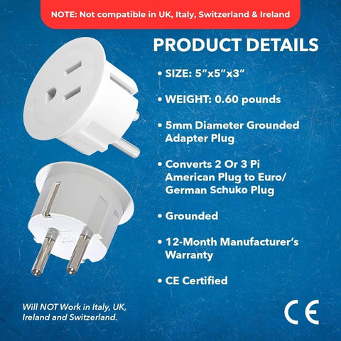 OREI USA to Europe Plug Adapter, Type E/F Schuko, Germany, France - 6 Pack