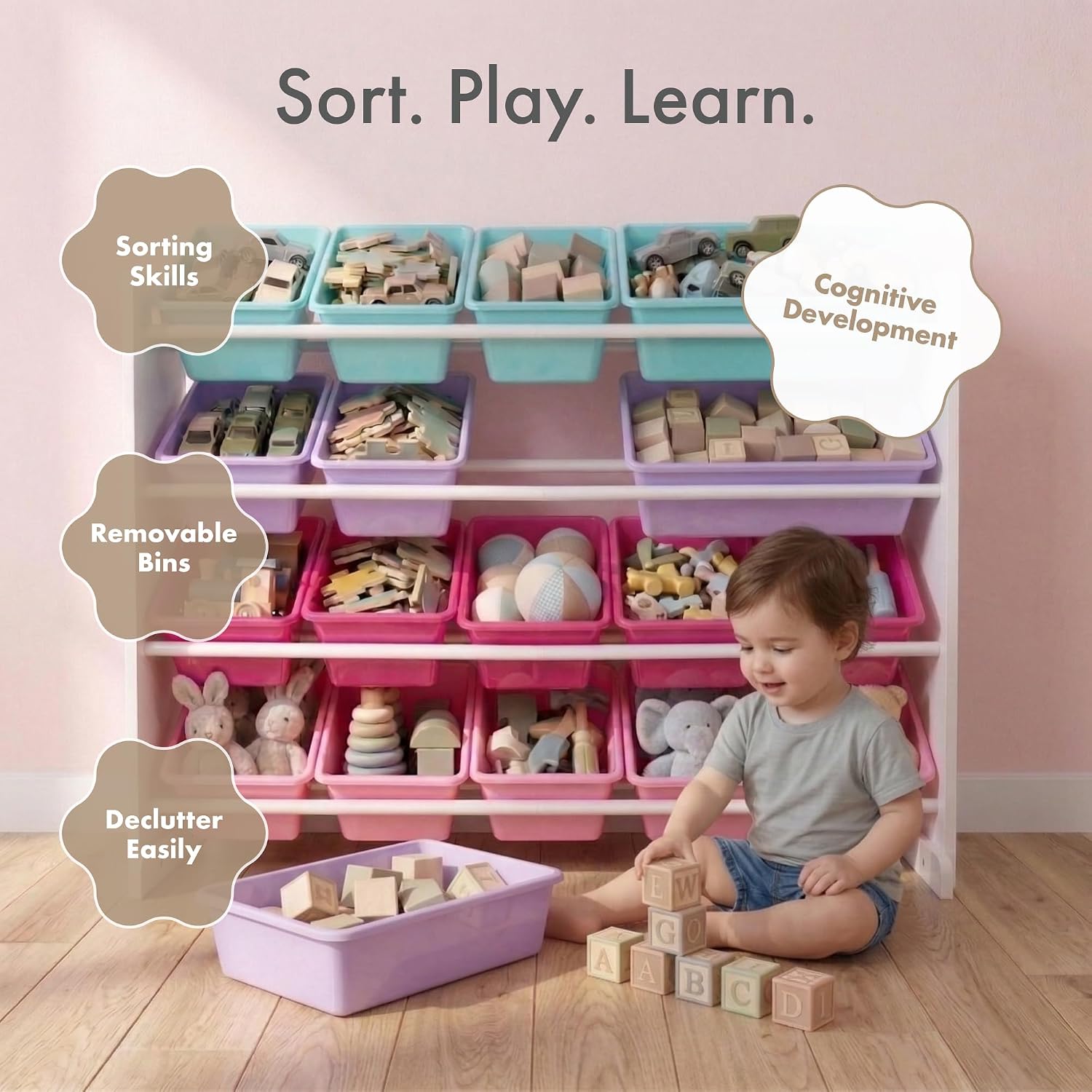 Humble Crew Kids Toy Organizer with 16 Bins, 4 Tier Storage for Playroom