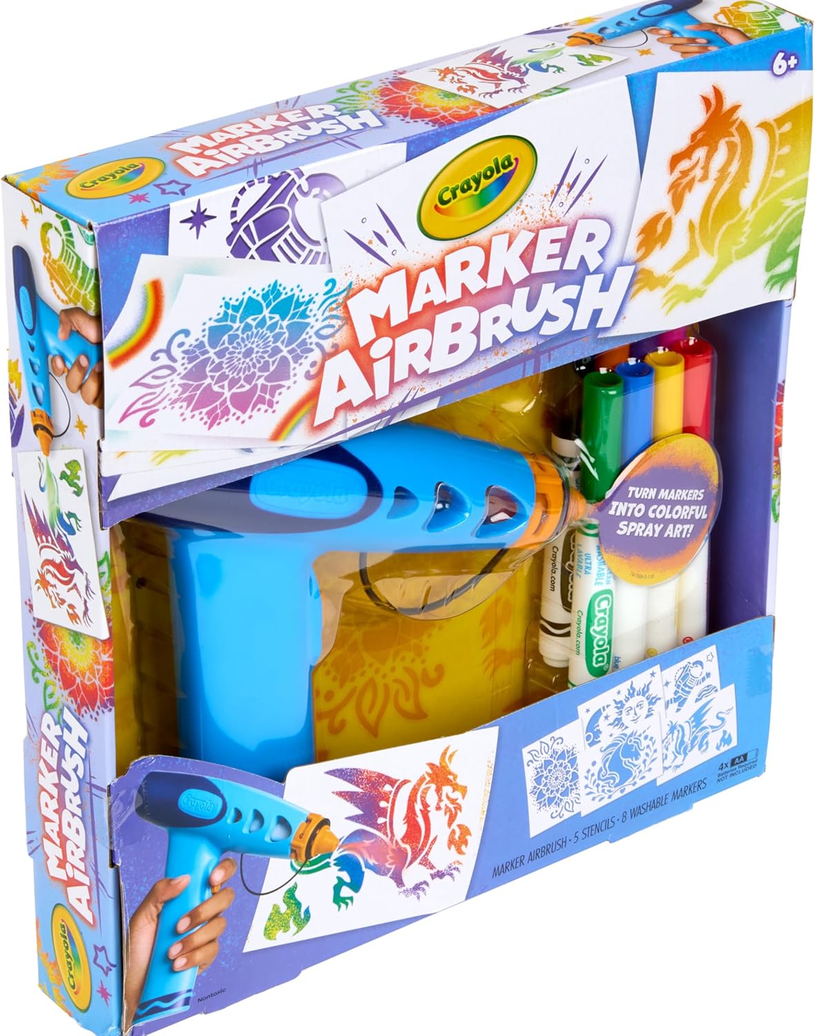 Crayola Marker Airbrush Spray Art Kit, 8 Washable Markers, 5 Stencils