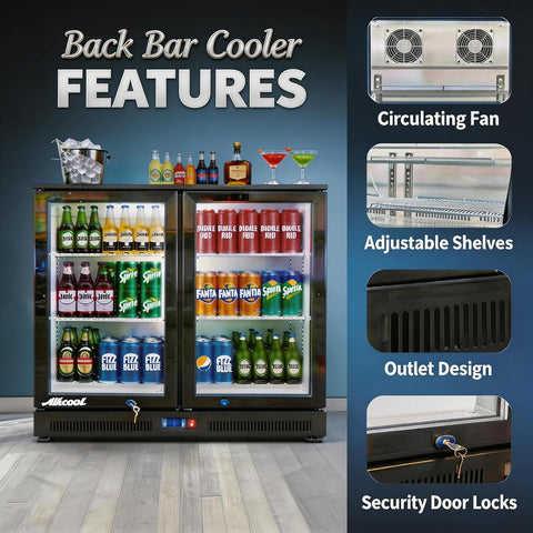 Back Bar Cooler Under Counter Beverage Refrigerator, 7.5 Cu Ft Undercounter Fridge,2 Door 36 inch Commercial Beer Built-In Cooler with LED Light Adjustable Shelves Safety Locks,ETL Approval