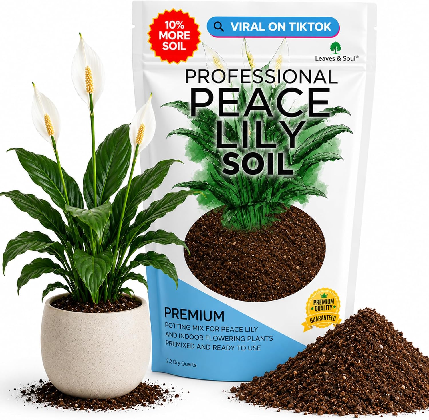 Professional Peace Lily Potting Soil Mix Large 2.2 Quarts Ready to Use, Premium Nutrient-Rich Blend for Indoor Peace Lily Plants, Peat Moss Coco Coir Perlite Dolomite, Well-Draining Soil Made in USA