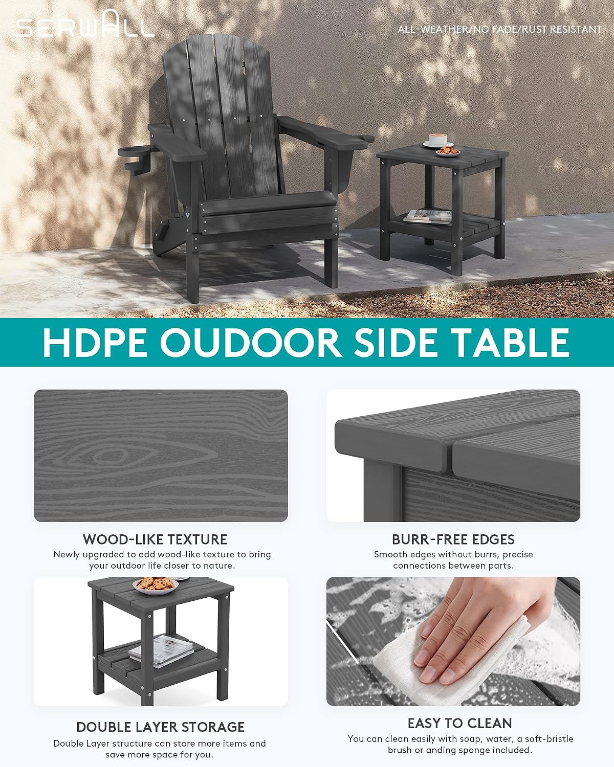 SERWALL 2-Tier HDPE Outdoor Side Table, Weatherproof Rectangular Adirondack Side Table, Grey