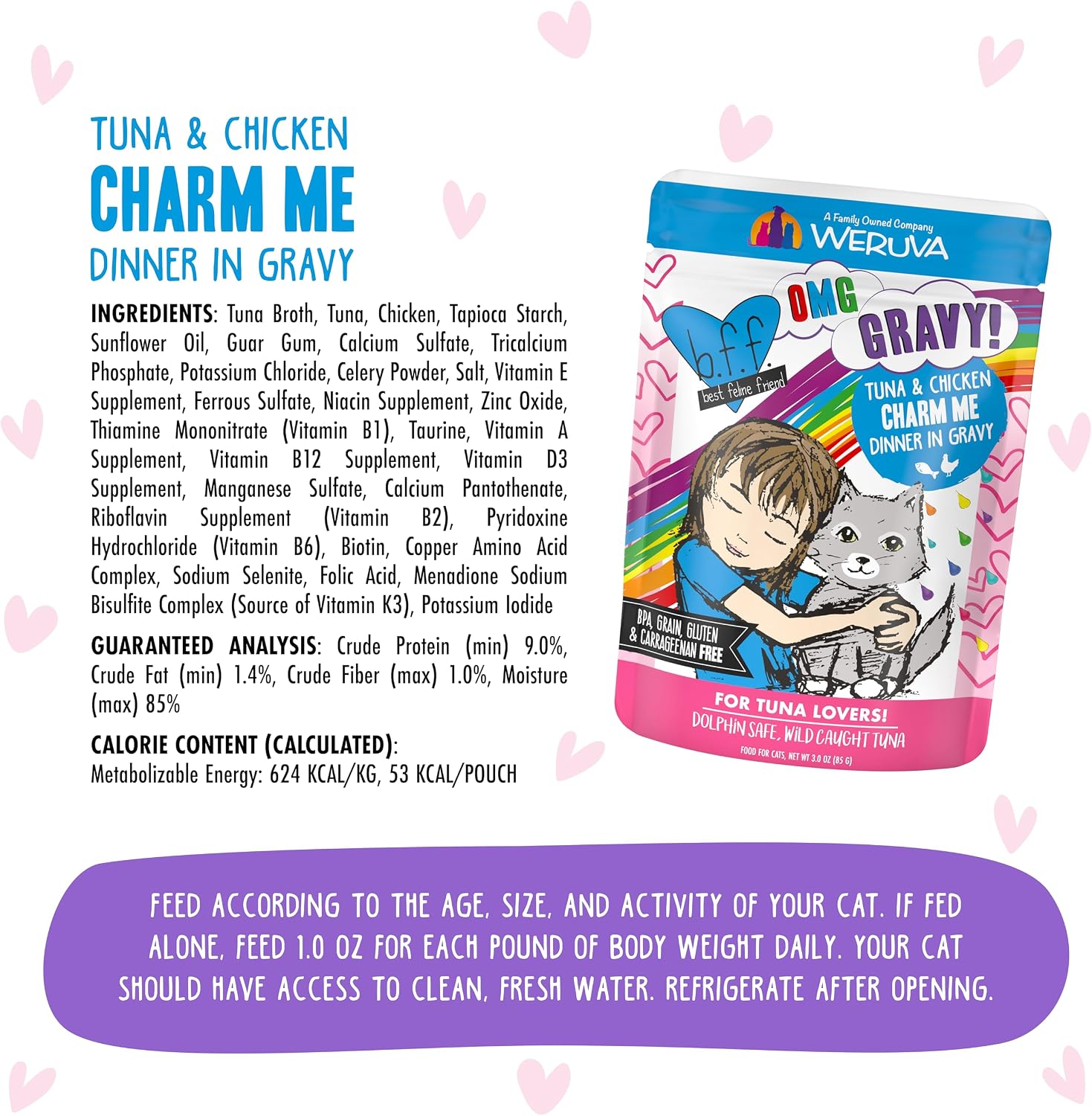 Weruva B.F.F. OMG - Best Feline Friend Oh My Gravy! Tuna & Chicken Charm Me with Tuna & Chicken in Gravy Cat Food, 3oz Pouch (Pack of 48)