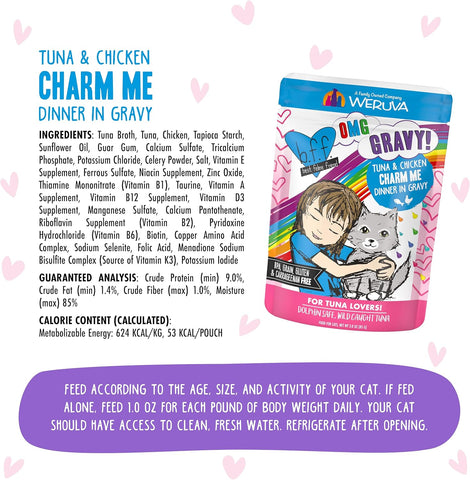 Weruva B.F.F. OMG - Best Feline Friend Oh My Gravy! Tuna & Chicken Charm Me with Tuna & Chicken in Gravy Cat Food, 3oz Pouch (Pack of 48)