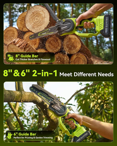 Mini Chainsaw Cordless, 8 Inch & 6 Inch Electric Chainsaw Battery Powered, 1000W Brushless Handheld Power Chain Saw with 2 Batteries, Small Tree Saw for Branch Trimming Wood Cutting