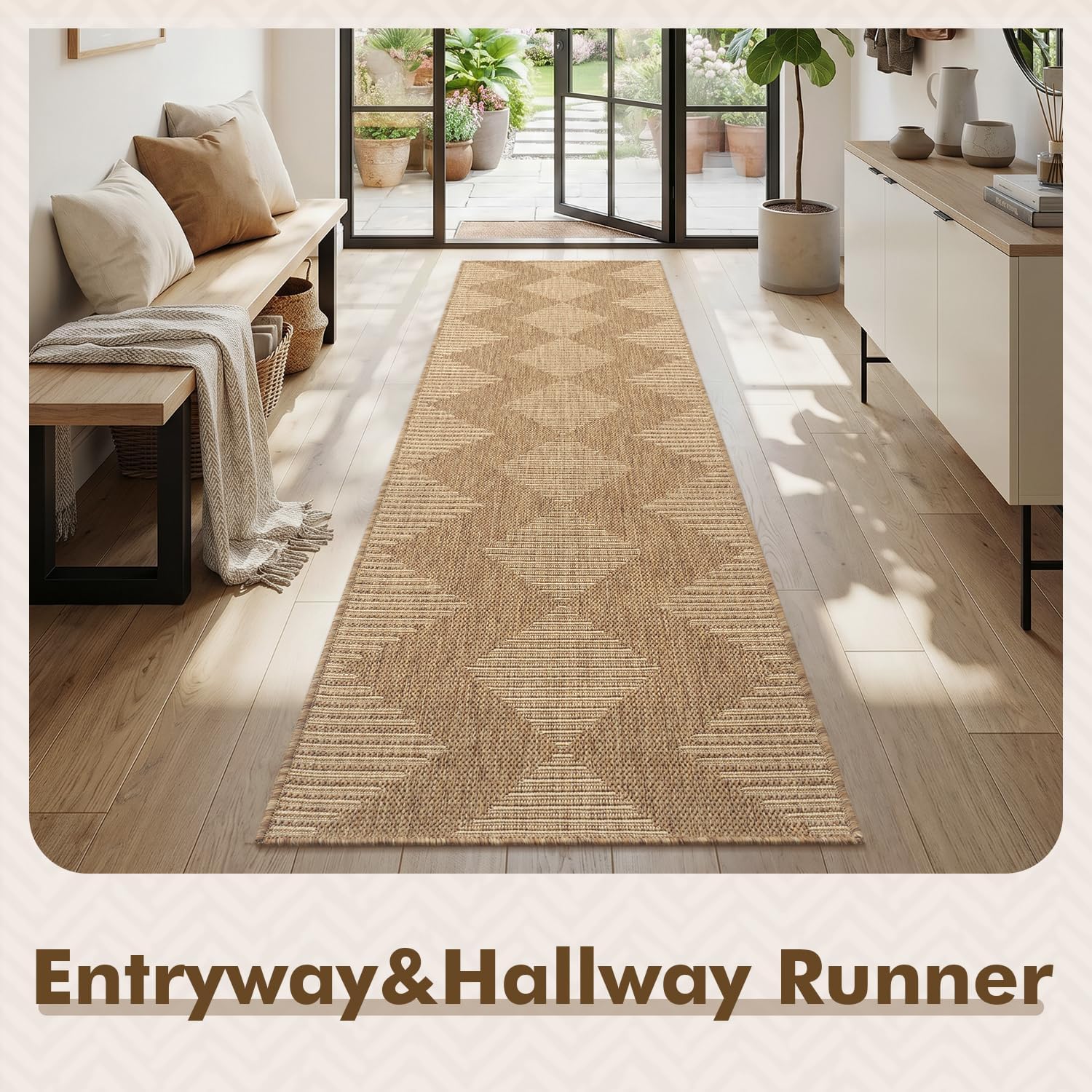 MontVoo-2x6 ft Indoor Outdoor Runner Rugs for Entryway Porch Hallway Kitchen Door Entrance Long, Textured Weave Polypropylene, Durable for High Traffic, Fade-Resistant, Boho Geometric Neutral Brown