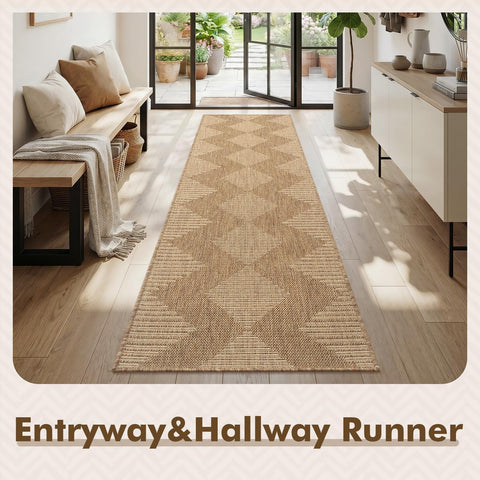 MontVoo-2x6 ft Indoor Outdoor Runner Rugs for Entryway Porch Hallway Kitchen Door Entrance Long, Textured Weave Polypropylene, Durable for High Traffic, Fade-Resistant, Boho Geometric Neutral Brown