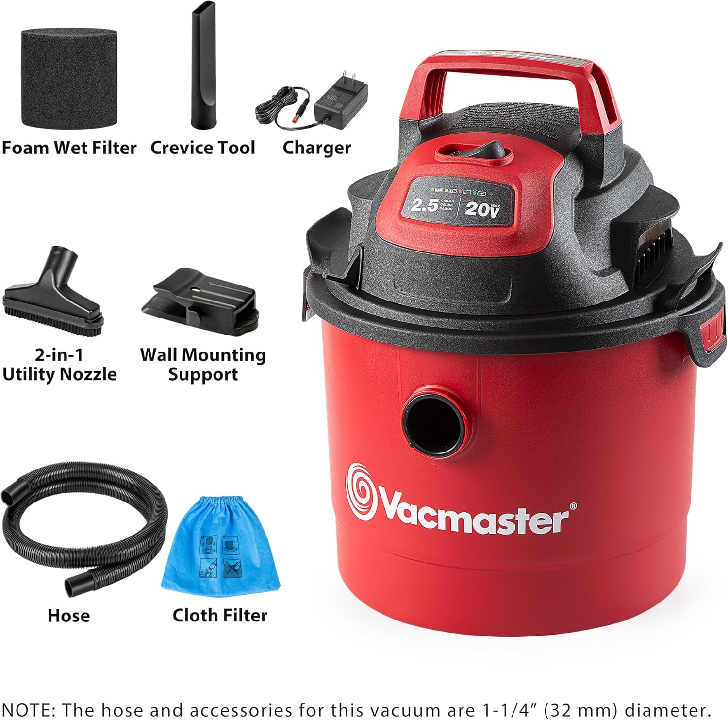 Vacmaster DVOM202P 1101 2.5-Gal 20V Cordless Portable Wet/Dry Vac Red