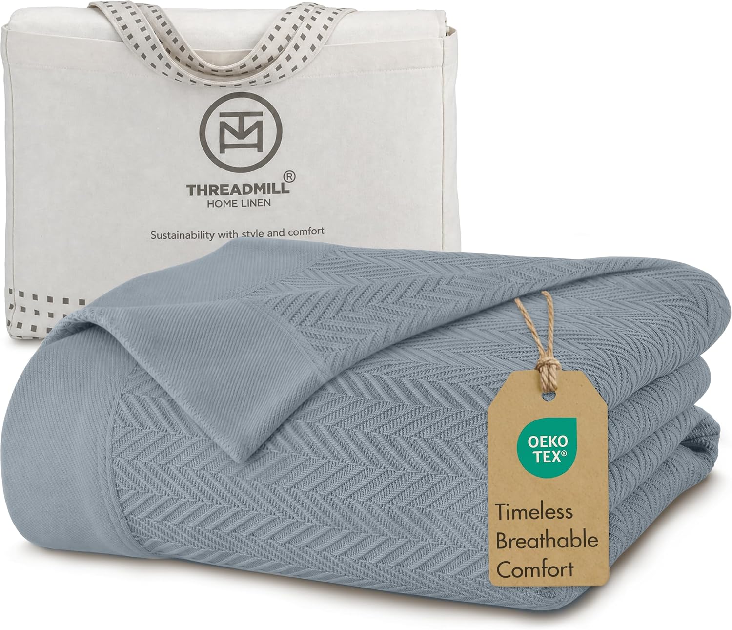 Threadmill Luxury 100% Cotton Queen Herringbone Blanket, Scottish Grey