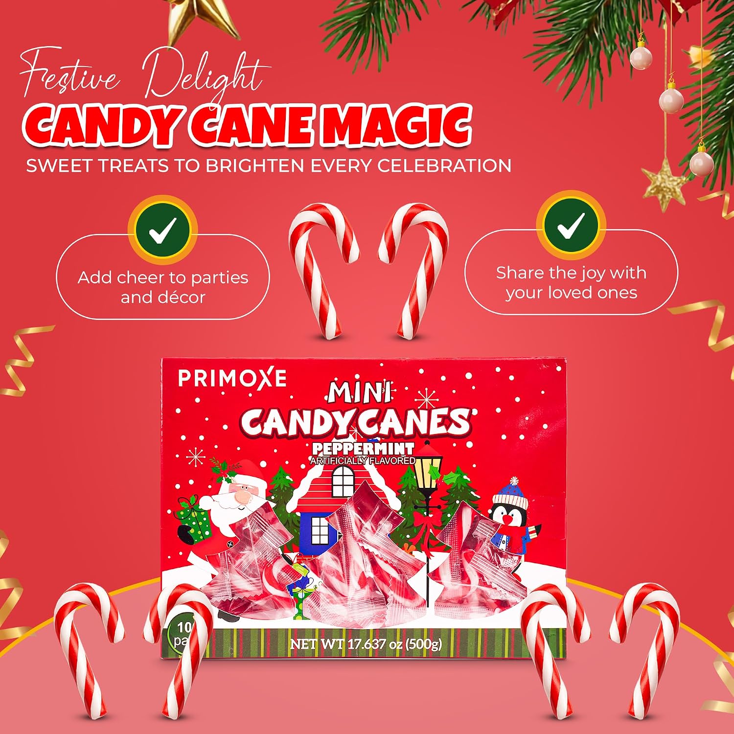 Christmas Candy Mini Canes Stocking Stuffer Red and White Peppermint Sticks Candy Canes Individually Wrapped Bulk Christmas Candy for Décor, Parties & Gifts – 100 Count