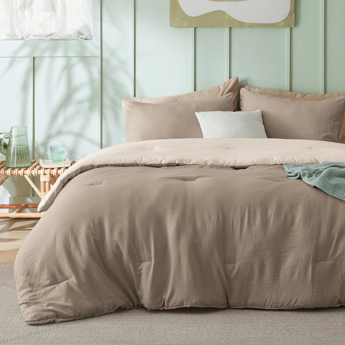 Bedsure Queen Comforter Set Prewashed Soft Bedding 3Pcs Khaki/Beige 90"x90"
