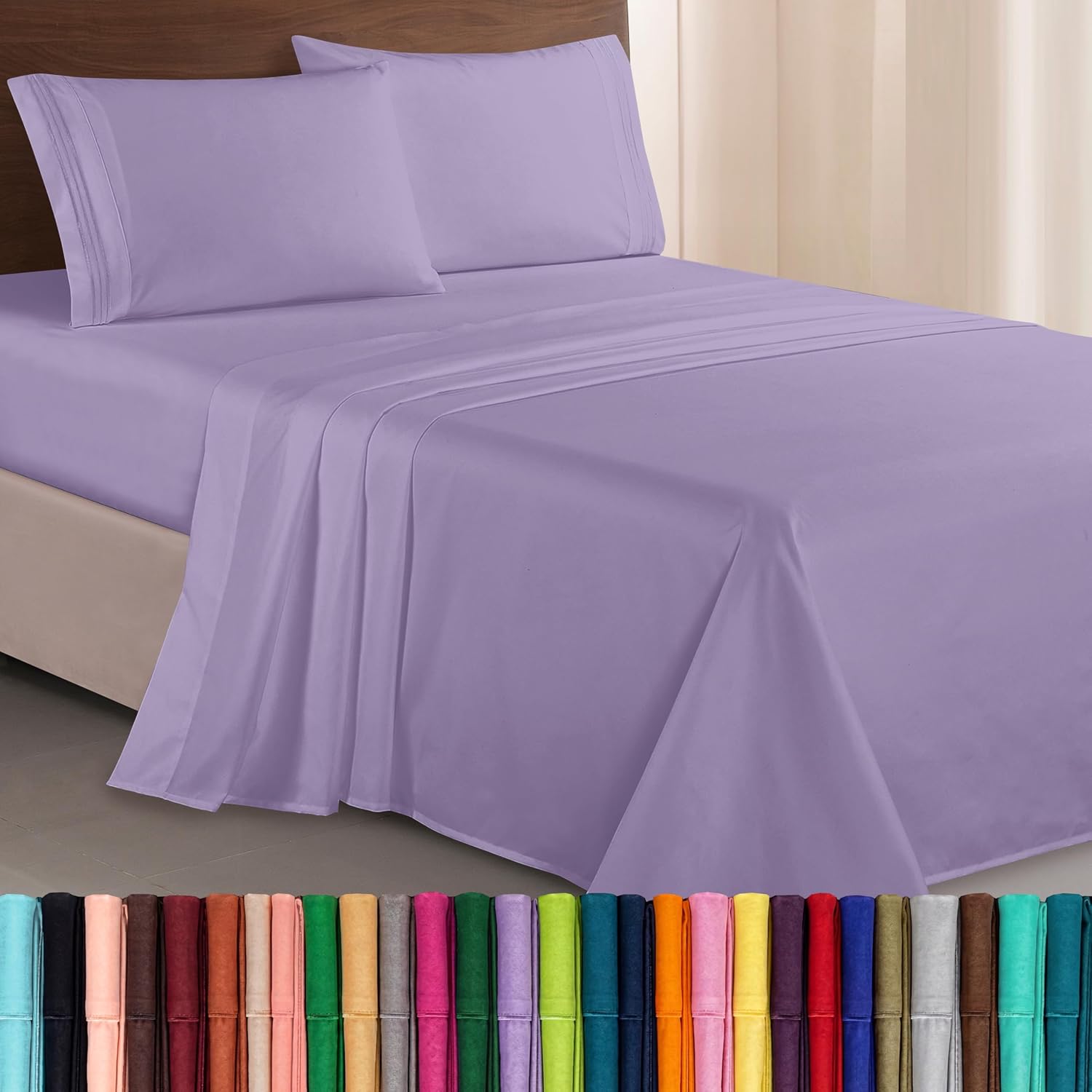 Elegant Comfort Luxurious 1500 Premium Hotel Quality Microfiber Three Line Embroidered Softest 4-Piece Bed Sheet Set, Wrinkle and Fade Resistant, Queen, Lavender