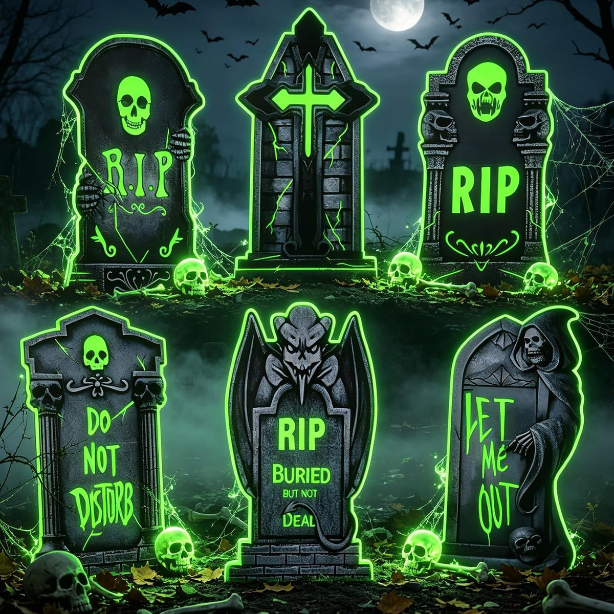 25.6" Halloween Tombstones Outdoor Decor,6-Pack Glow in The Dark
