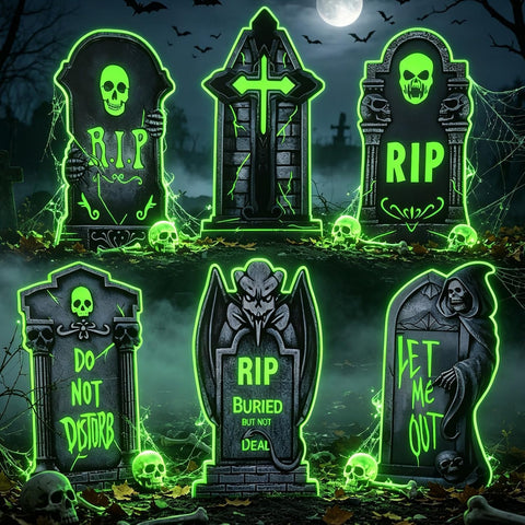 25.6" Halloween Tombstones Outdoor Decor,6-Pack Glow in The Dark