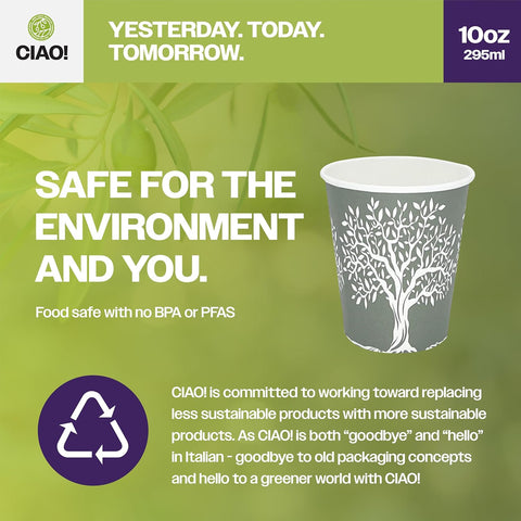 CIAO! 10oz Paper Hot Cup, Rooted Olive Print, (Case of 1,000)