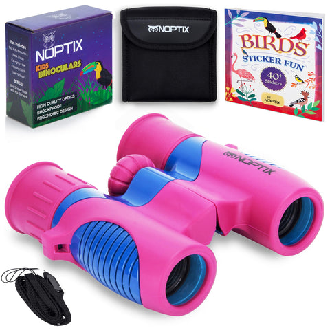 Kids Binoculars girls or boys Real Binoculars in vibrant Pink and Blue - for ages 3 to 14 - includes Sticker Book of 40 Birds with species names