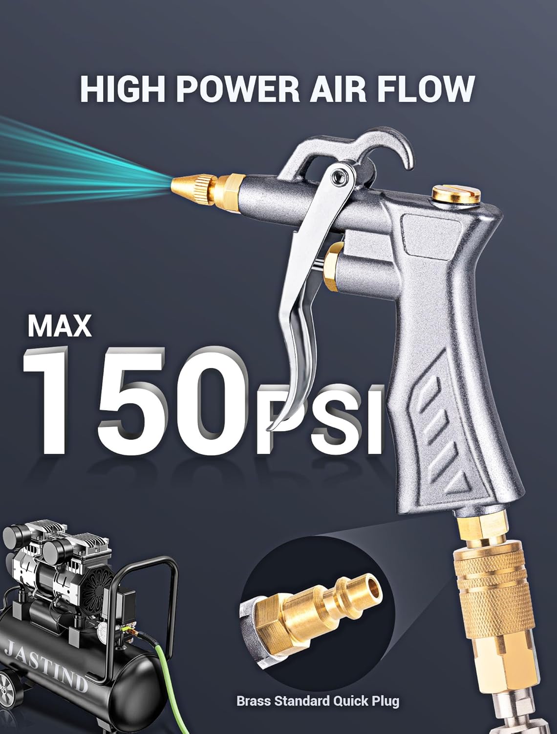 JASTIND Industrial Air Blow Gun with Brass Adjustable Air Flow Nozzle Kit