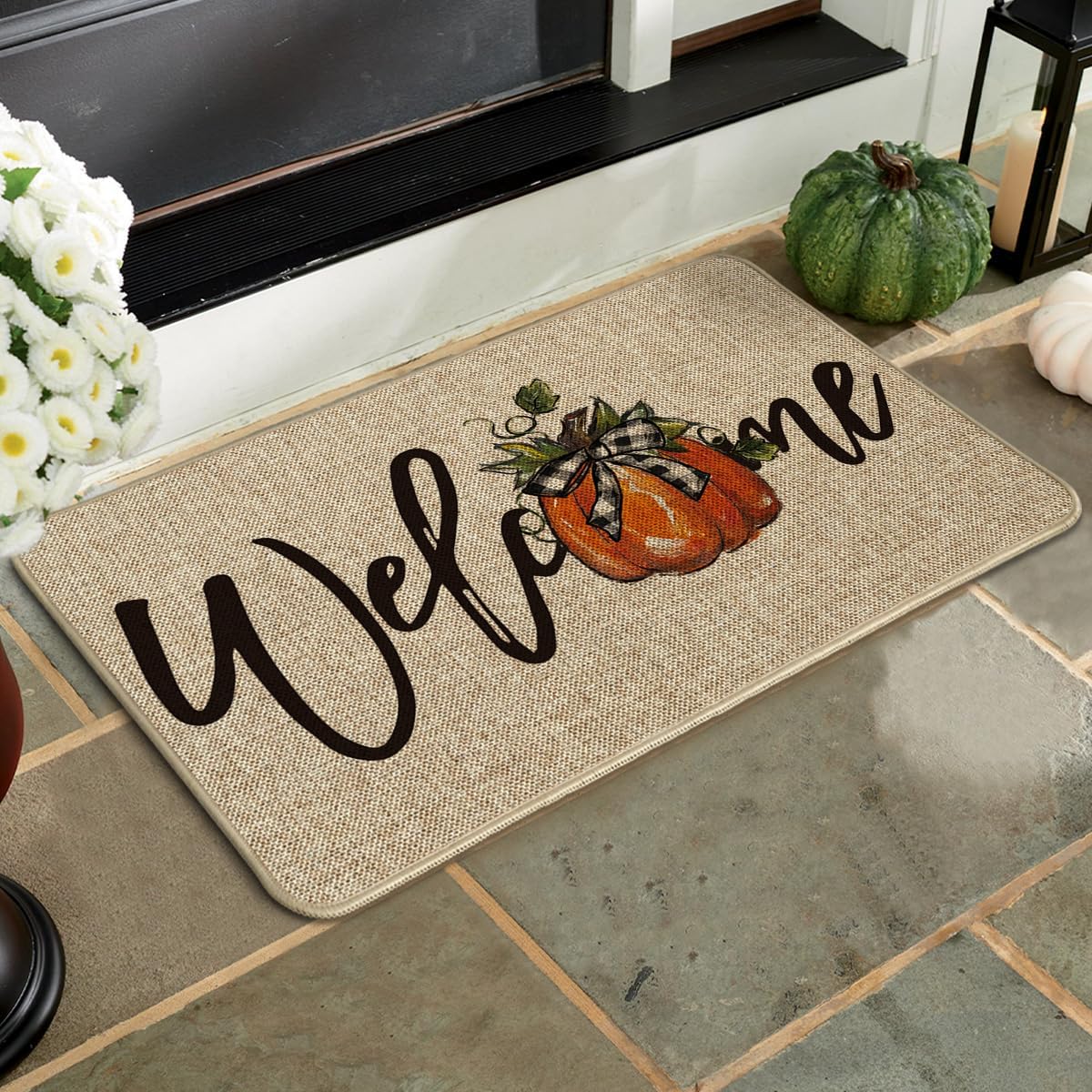 Artoid Mode Bow Tie Pumpkin Fall Welcome Doormat, Autumn Home Decor Low-Profile Switch Rug Door Mat for Indoor Outdoor 17x29 Inch