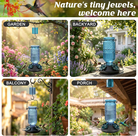 FEED GARDEN Glass Hummingbird Feeder for Outdoors Hanging, 16 OZ Humming Bird Feeders with 4 Bee Guard Feeding Ports & Built-in Ant Moat, Hummingbird Gifts for Mom Bird Feeder for Outside, Blue,2 Pack
