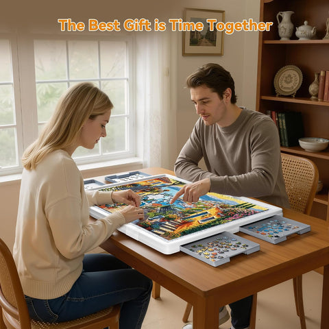 Playboda 1500 Pieces Tiltable & Rotating Puzzle Board with Drawers, Anti-Slip Mat and Black Cover, 35"x27" Portable Spinning Plastic Jigsaw Puzzle Table for Adults, Upgraded Lazy Susan