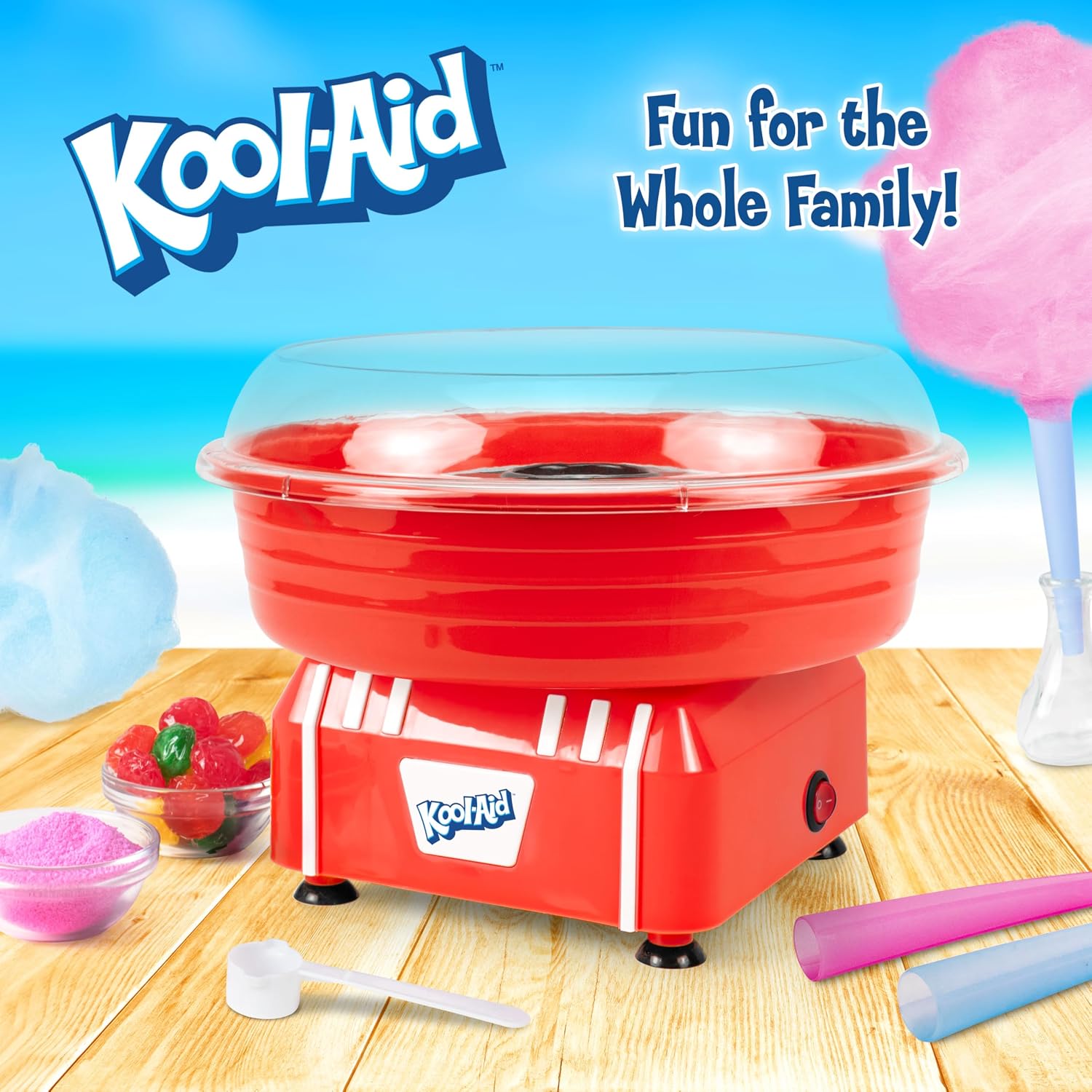 Kool-Aid Cotton Candy Machine - Fun Cotton Candy Machine for Kids with 2 Reusable Cones, 1 Sugar Scoop, and 1 Extractor Head – Red