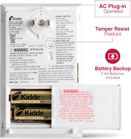Kidde Carbon Monoxide Detector, Plug-in Carbon Monoxide Detector with AA Battery Backup, 85 dB Alarm, LED Status Light Indicators, 3rd Edition
