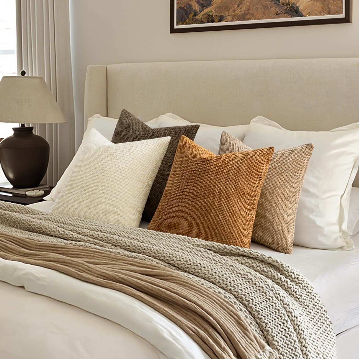 MIULEE Soft Decorative Chenille Fall Pillow Covers Brown 18x18 Pack of 4