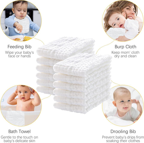 Lovely Care 24 Pack Muslin Burp Cloths 100% Cotton Muslin Cloths Large 20''x10'' Extra Soft and Absorbent Baby Burping Cloth - White
