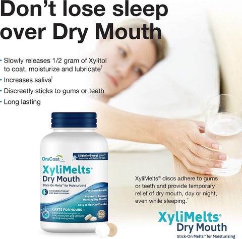 Oracoat XyliMelts for Dry Mouth Night Time or Day - Moisturizing Dry Mouth Adhering Discs, Sugar Free with Xylitol, 100 Count, Slightly Sweet Flavor, 8-Hour Relief