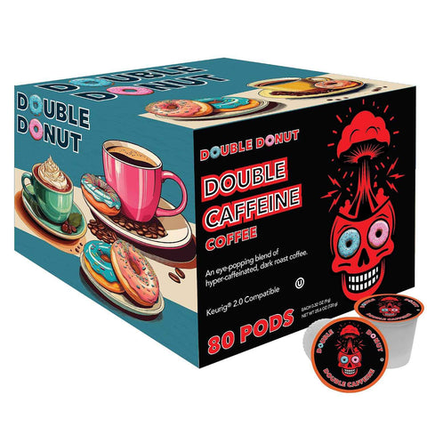 Double Donut Coffee High Caffeine Coffee Pods, Extra Strong Double Caffeine Coffee Cups for Keurig K Cup Brewer Machines Single Serve Dark Roast Coffee, 80 Count
