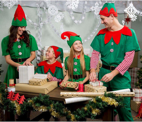 Adult Santas Elf Costume - Includes Shirt, Pants, Hat, Belt, Stockings & Booties - Christmas Holiday Outfit