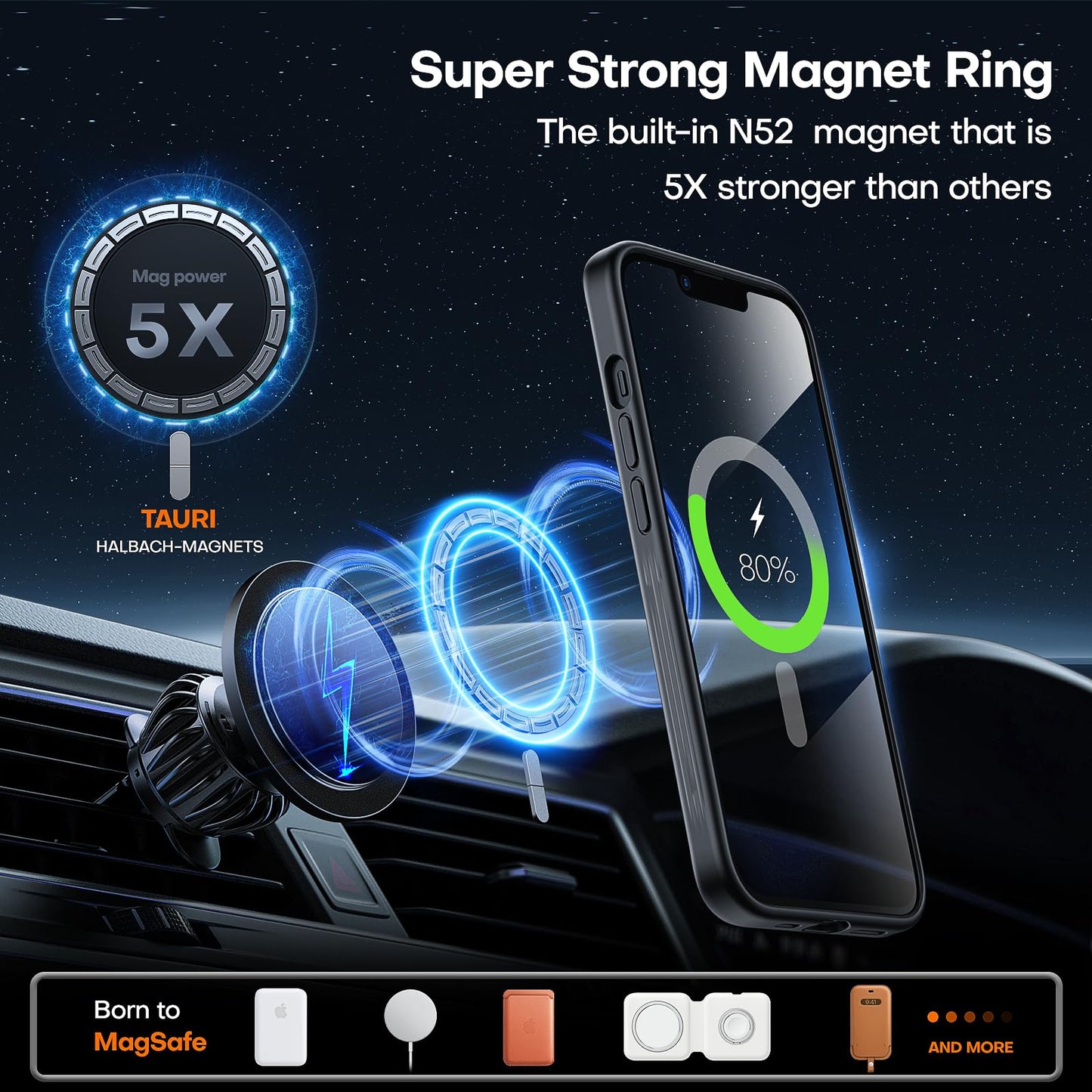 TAURI 360°Rotatable Magnetic Ring for iPhone 14 Case Black, [Designed for Magsafe] with Stand & Ring Holder, Translucent Matte Phone Case with 2X Screen Protectors +2X Camera Lens Protector