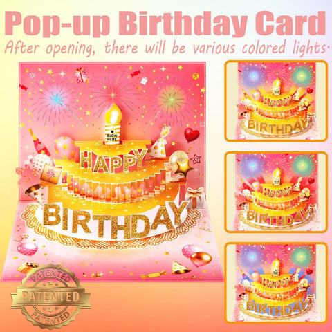 Pop Up Birthday Cards for Women, LED Light Music Blow The Candle