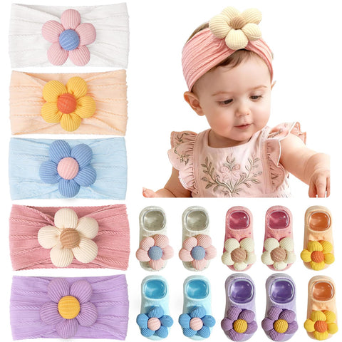 JOYOYO Baby Girl Headband and Socks Non-Slip Floral Socks and Soft Flower Head Wear for Babies Infants Toddlers