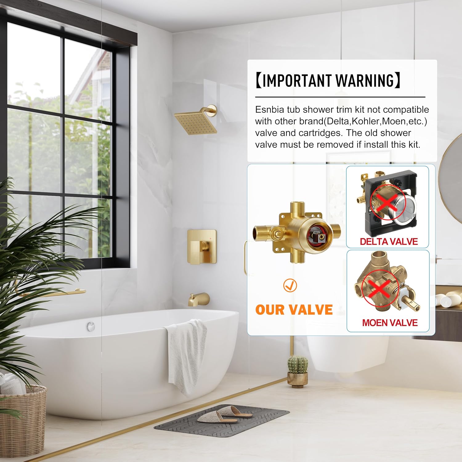 Esnbia Shower Tub Kit, Tub and Shower Faucet Set（Valve Included) with 6-Inch Rain Shower Head and Tub Spout, Single-Handle Tub and Shower Trim Kit,Brushed Gold