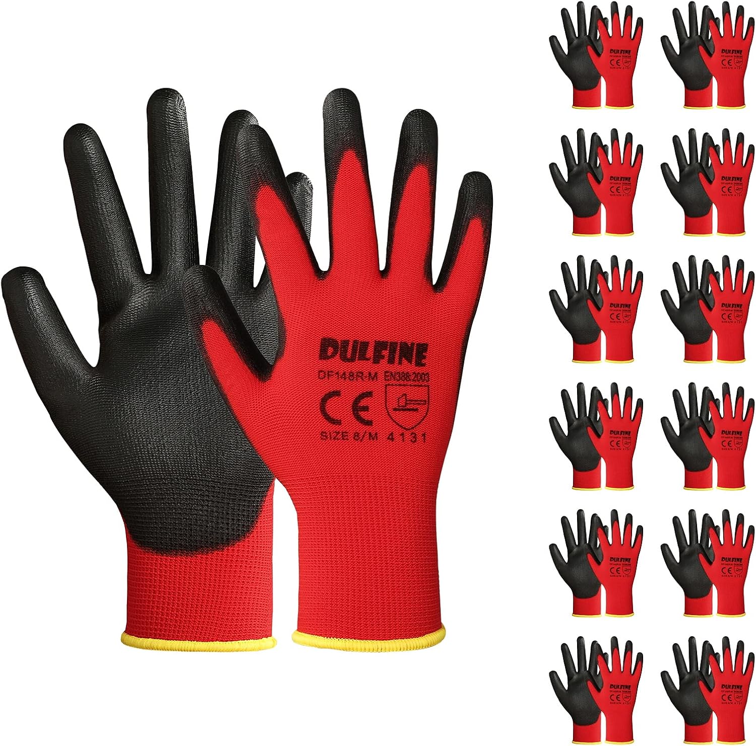 DULFINE Safety Work Gloves for Men & Women 12 Pairs, PU Coated Red XL
