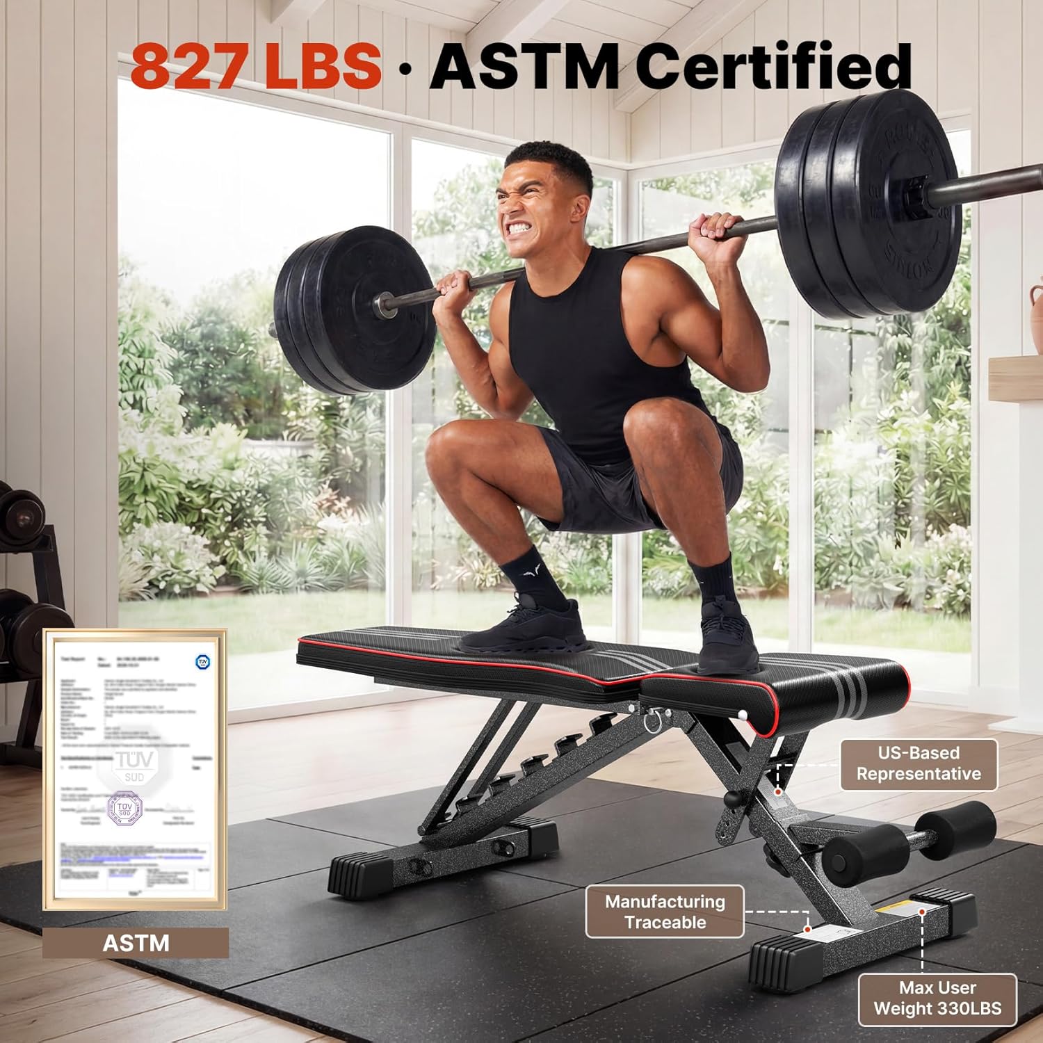 YOLEO Adjustable Weight Bench, ASTM-Certified 827LBS