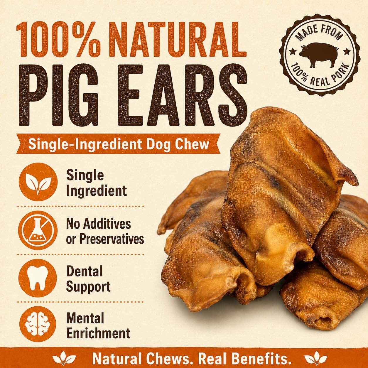 Gaines Pet Pig Ears for Dogs - 40 Pack, Thick Cut, All-Natural Whole Ears - No Additives Or Hormones, Safe Rawhide Alternative, Dental Health, Easy to Digest, Great for Small to Large Dogs
