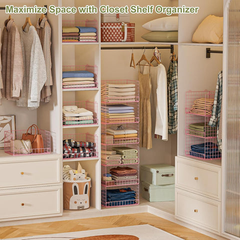 4-Tier Closet Organizers and Storage, Stackable Closet Organizer Basket, Foldable Closet Shelf Organizer Basket, Stackable Storage Bins and Organizer Shelves for Home Closet Organizer System, Pink