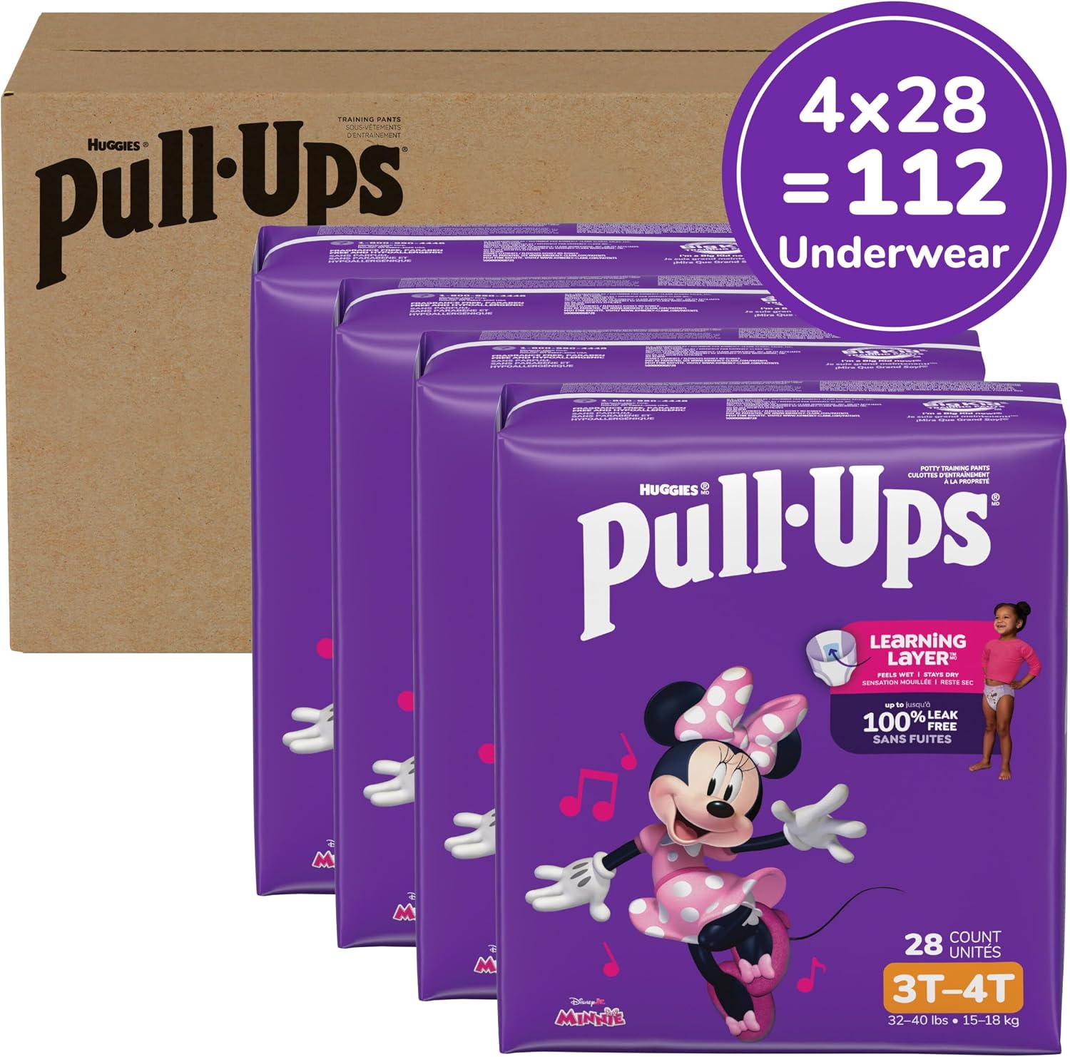 Pull-Ups Girls' Potty Training Pants, Size 3T-4T Training Underwear (32-40 lbs), 112 Count | Easy Open Sides, Refastenable Fit, Wetness Indicator, Soft & Breathable, Stretchy Sides, Secure Fit, Fragrance Free