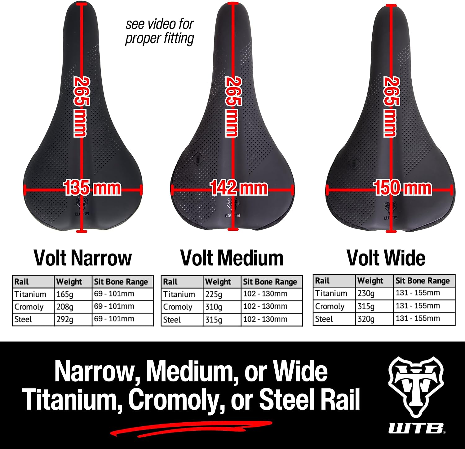 WTB Volt Bike Seat (Saddle) - Comfortable Medium Thickness Padding - Mountain, Gravel & E-Bikes (3 Sizes, 3 Rail Options)